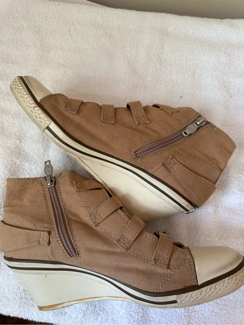 Ash Unlimited Thelma Tan Canvas Wedge High-Top Sneakers with Buckle Straps